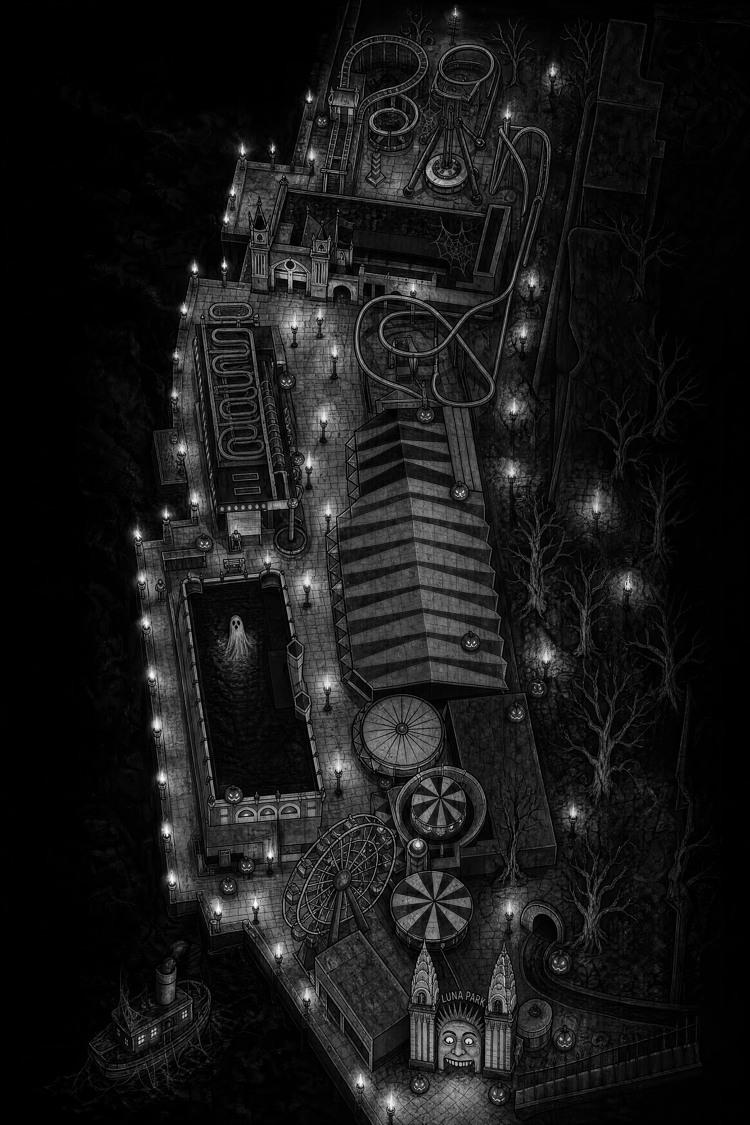 Illustrated aerial map of Luna Park Sydney showing Halloscream attractions, rides and facilities